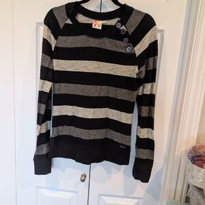 Roxy Black & Cream Striped Button Shoulder Long Sleeve Tee